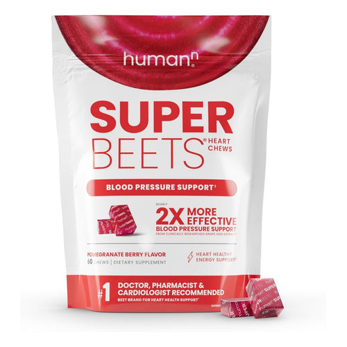 Humann Super Beets Heart Chews, Nitric Oxide and Blood Pressure Support, Grape Seed Extract & Non-GMO Beet Root Powder Energy Supplement, Pomegranate Berry Flavor, 60 Count