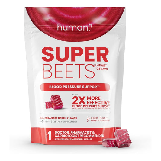 Humann Super Beets Heart Chews, Nitric Oxide and Blood Pressure Support, Grape Seed Extract & Non-GMO Beet Root Powder Energy Supplement, Pomegranate Berry Flavor, 60 Count