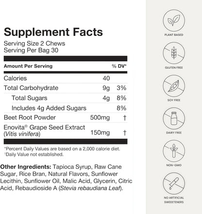 Humann Super Beets Heart Chews, Nitric Oxide and Blood Pressure Support, Grape Seed Extract & Non-GMO Beet Root Powder Energy Supplement, Pomegranate Berry Flavor, 60 Count