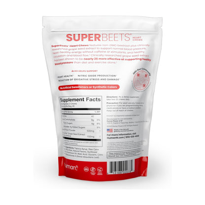 Humann Super Beets Heart Chews, Nitric Oxide and Blood Pressure Support, Grape Seed Extract & Non-GMO Beet Root Powder Energy Supplement, Pomegranate Berry Flavor, 60 Count